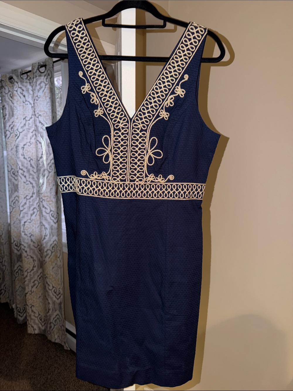 Navy Embroidered V-Neck Sheath Dress